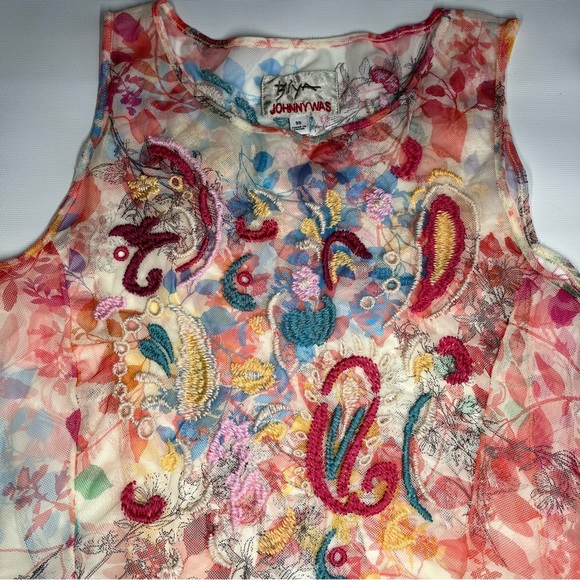 Johnny Was Mazzy Flared Floral Embroidered Sheer Mesh Tank Top XS No Slip - Picture 8 of 15
